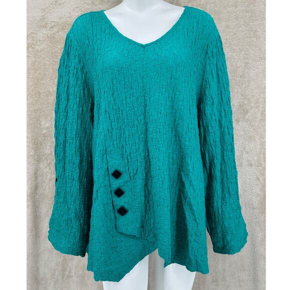 Ali Miles Top Women 3X Green Sheer Textured Tunic Stretch Artsy V-Neck Lagenlook - Picture 1 of 10